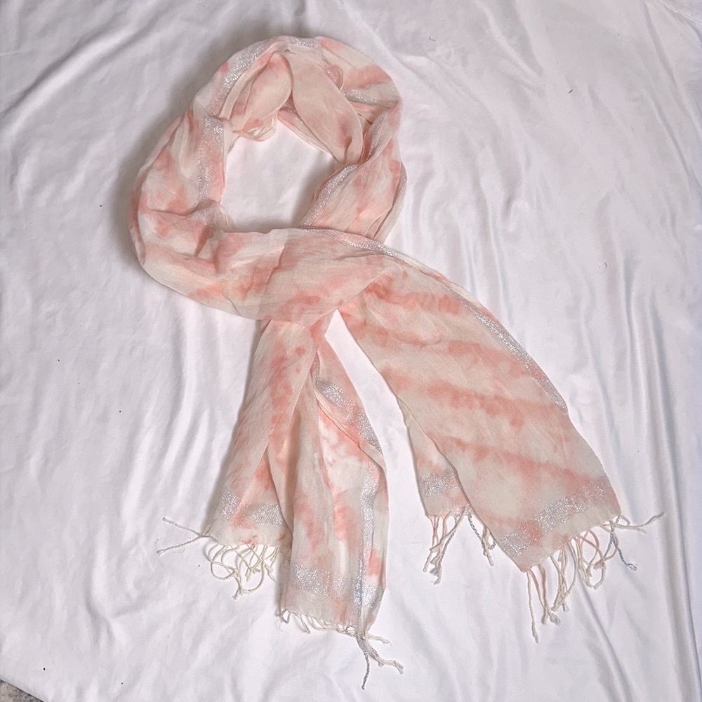 3/10 Pink and white tie dye scarf with fringe and sparkly metallic silver accent